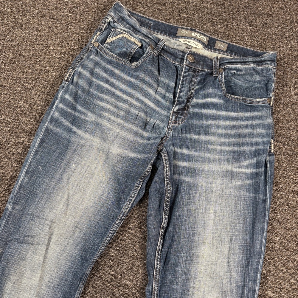 BKE Nolan Jeans Mens 33L Blue Straight Leg Heavy Whiskered Stretch Denim